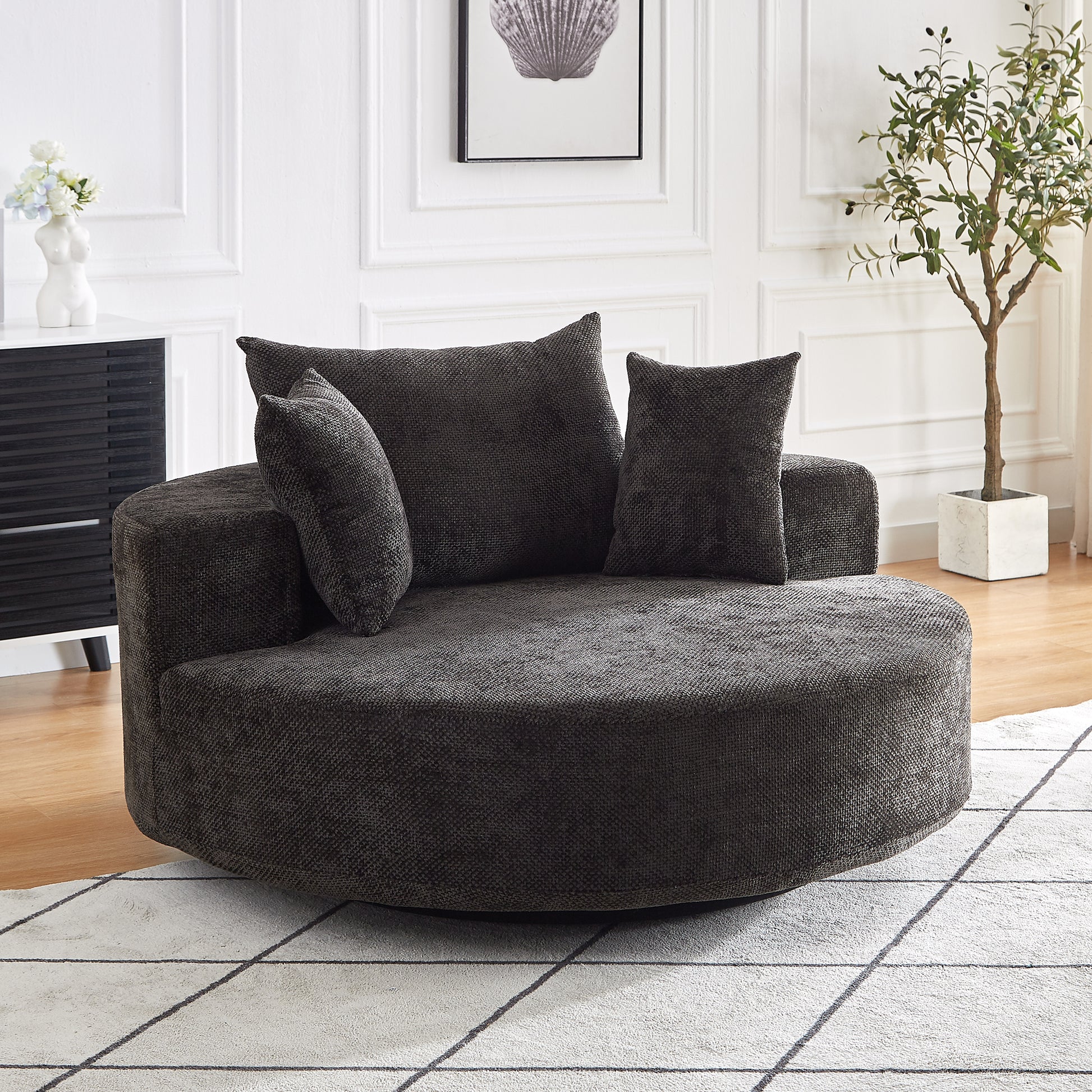 Black Chenille Foam Swivel Chair - 360 Degree Rotation