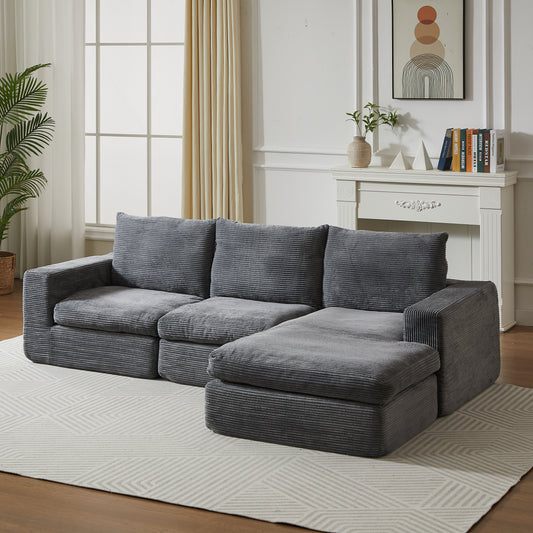 99-Inch Boneless Couch with Chaise, L-Shaped Modern Upholstered Sectional Sofa with Three pillows, Corduroy Sectional Sofa for Living Room and Bedroom, No Assembly Required