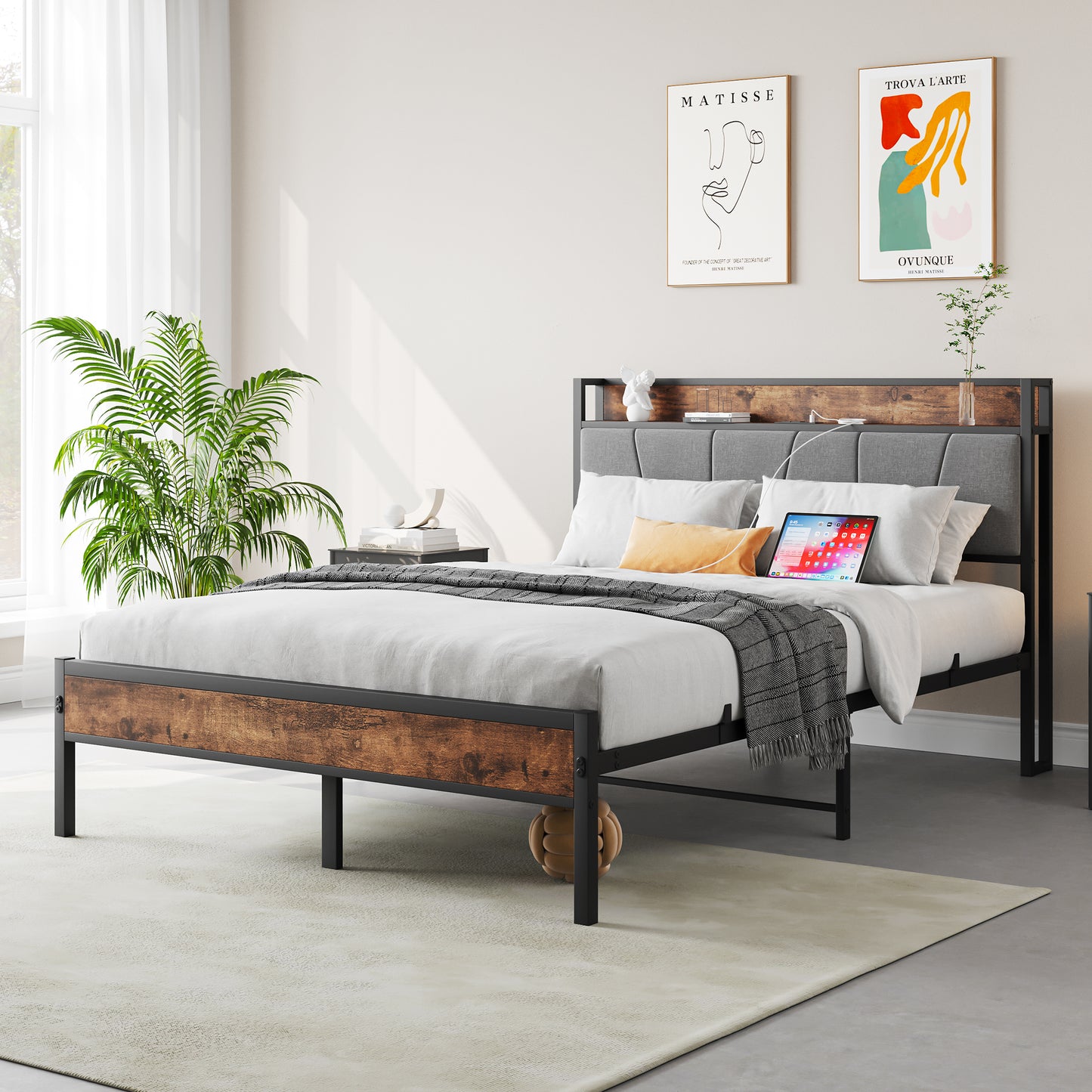 Full Size Bed Frame with Storage & Charging - No Box Spring Needed