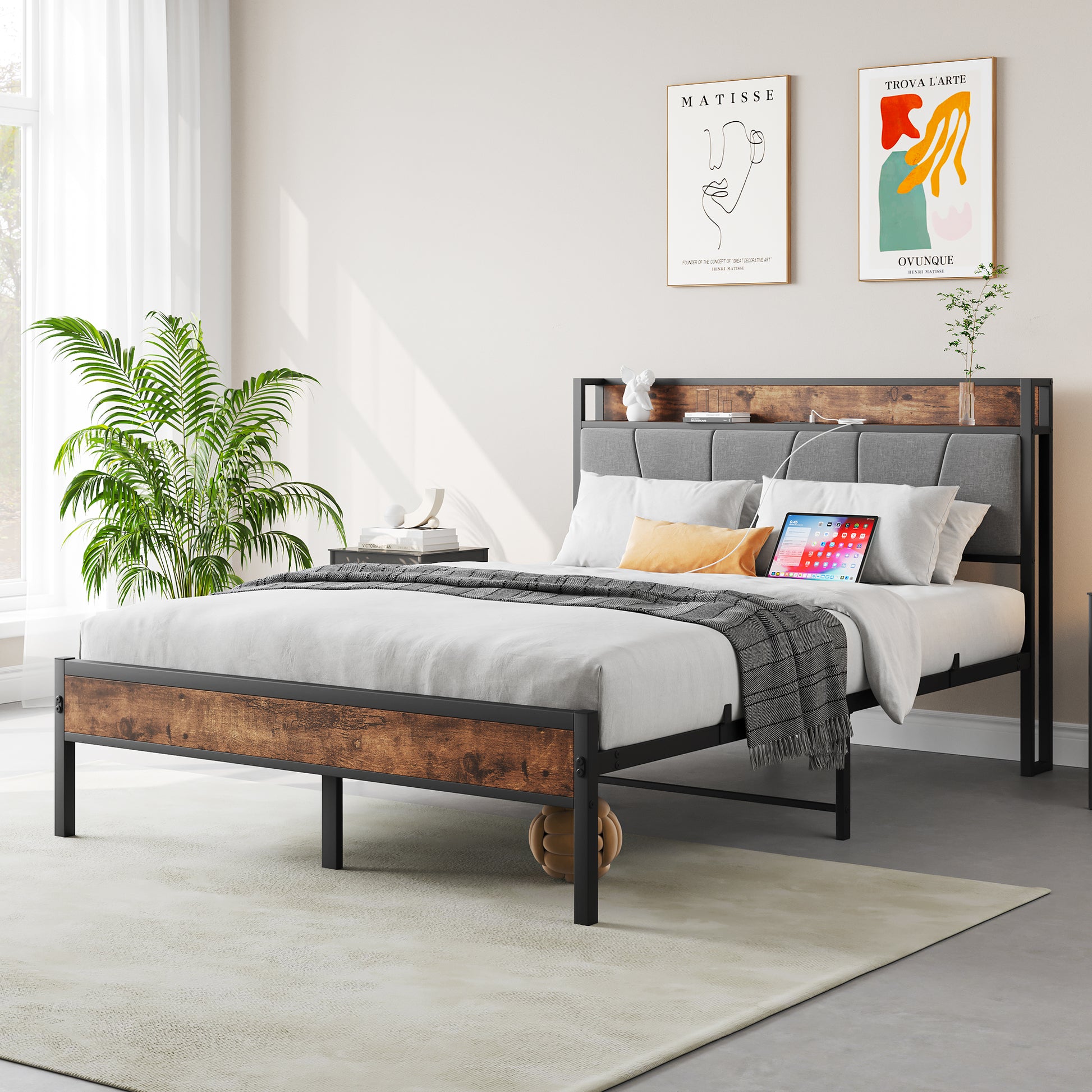 Full Size Bed Frame with Storage & Charging - No Box Spring Needed