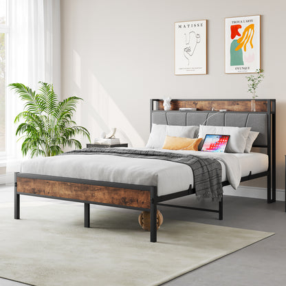 Full Size Bed Frame with Storage & Charging - No Box Spring Needed