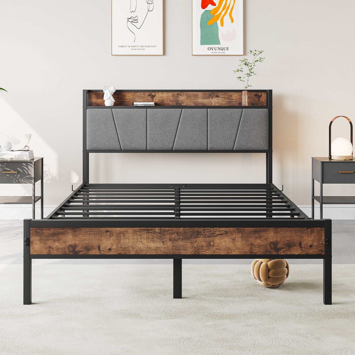 Full Size Bed Frame with Storage & Charging - No Box Spring Needed