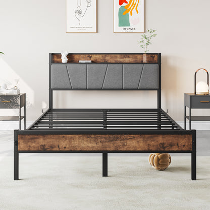 Full Size Bed Frame with Storage & Charging - No Box Spring Needed