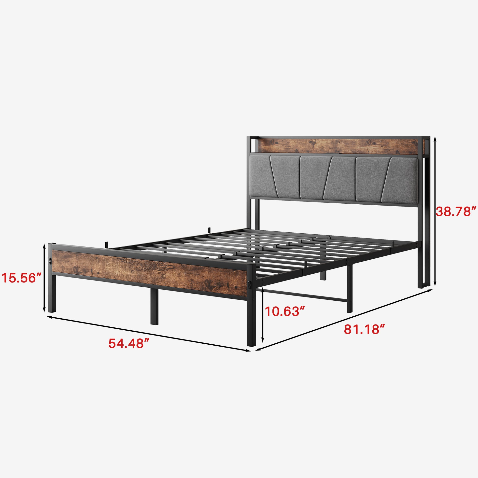 Full Size Bed Frame with Storage & Charging - No Box Spring Needed