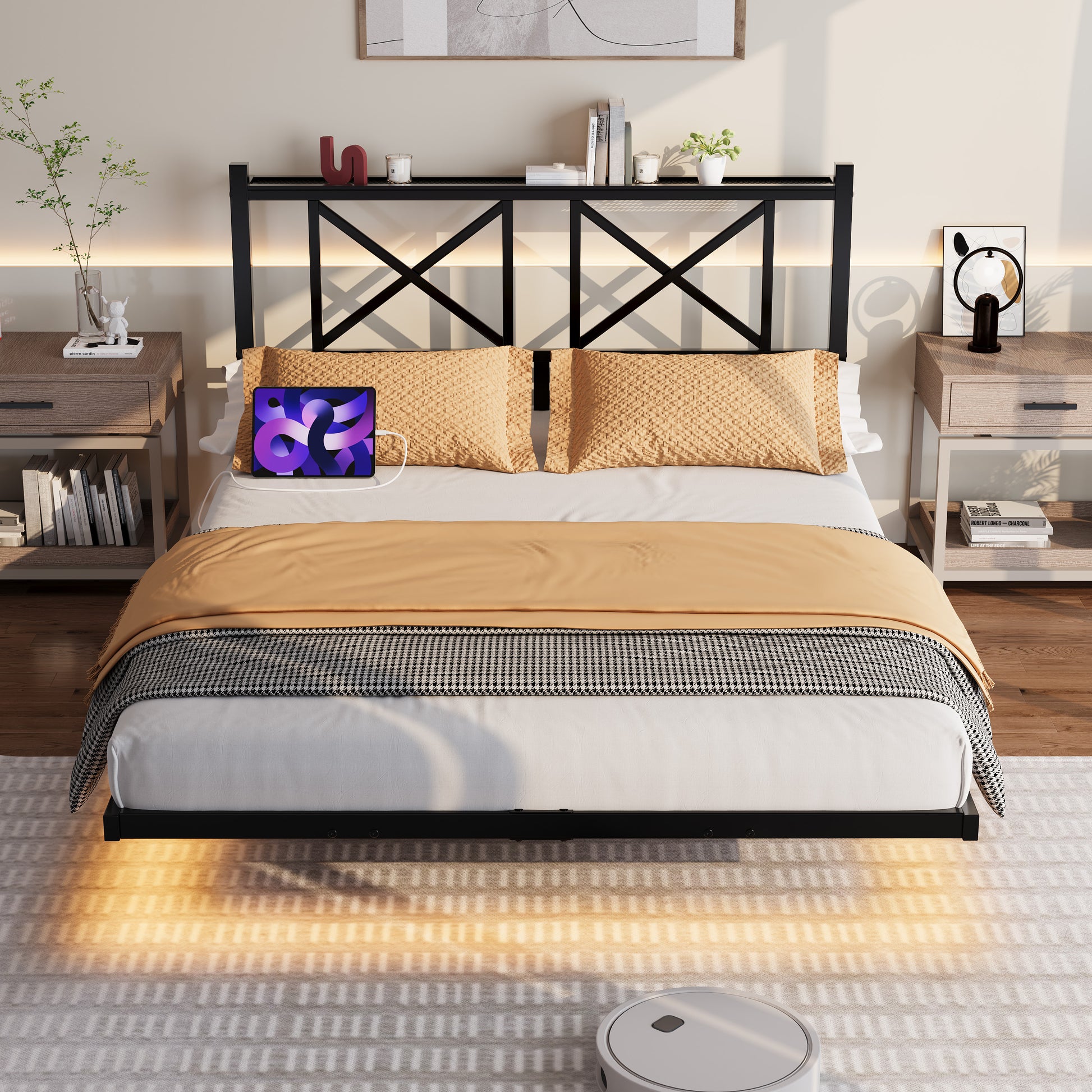 Full Size Floating Bed Frame with Headboard and Storage, Full Size Platform Bed Frame with USB Charging Station and LED Lights, Heavy Duty Steel Slats, Easy Assembly, Black