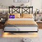Full Size Floating Bed Frame with Headboard and Storage, Full Size Platform Bed Frame with USB Charging Station and LED Lights, Heavy Duty Steel Slats, Easy Assembly, Black
