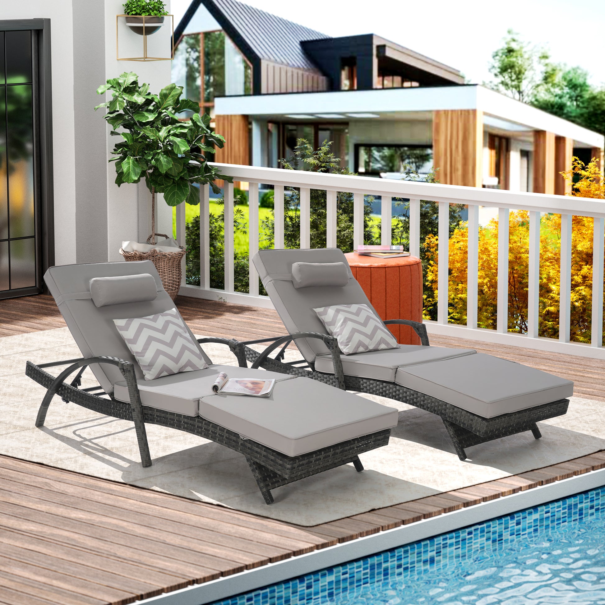 Light Gray Rattan Outdoor Reclining Chair Set of 2 with Cushions