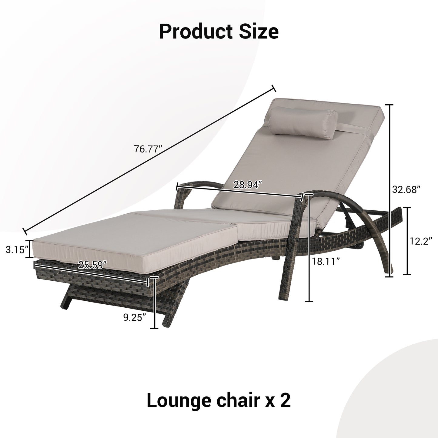 Light Gray Rattan Outdoor Reclining Chair Set of 2 with Cushions