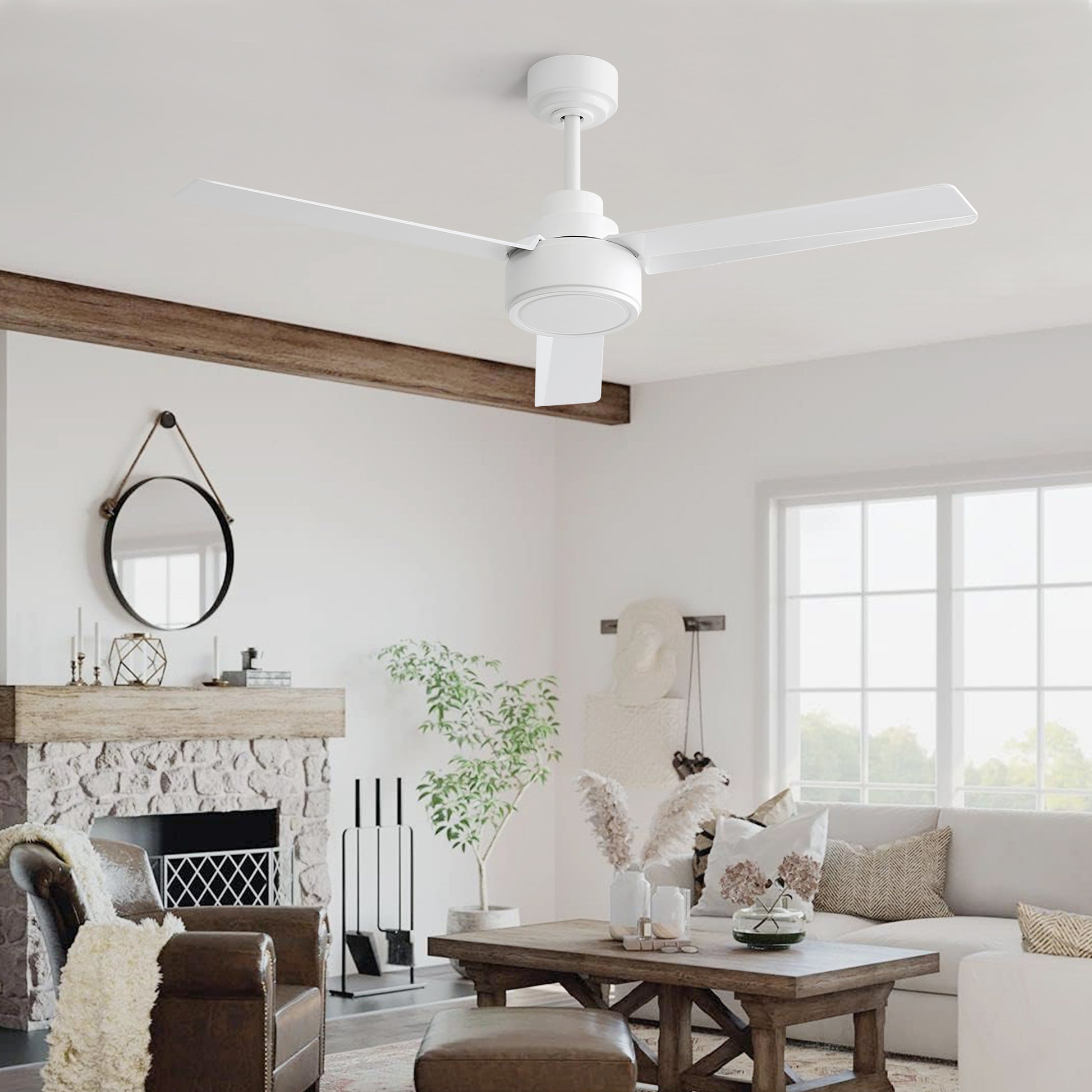 52" White Ceiling Fan with Remote - 6 Speeds, Reversible Blades