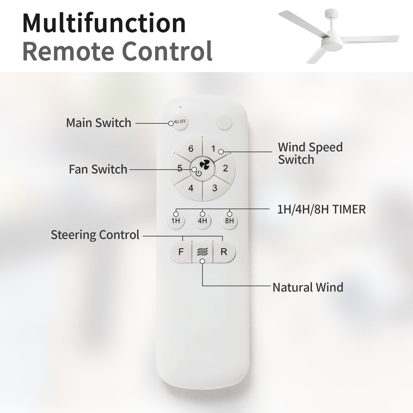 52" White Ceiling Fan with Remote - 6 Speeds, Reversible Blades