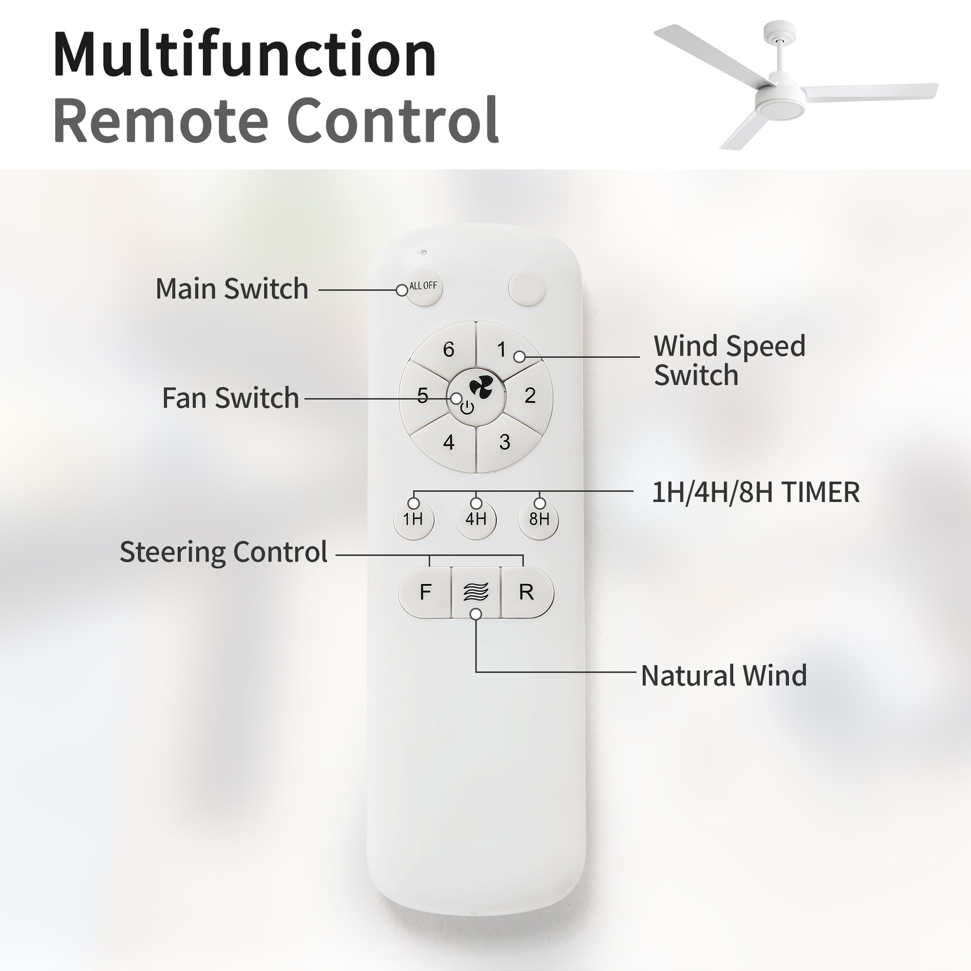 52" White Ceiling Fan with Remote - 6 Speeds, Reversible Blades