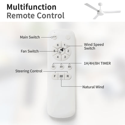 52" White Ceiling Fan with Remote - 6 Speeds, Reversible Blades