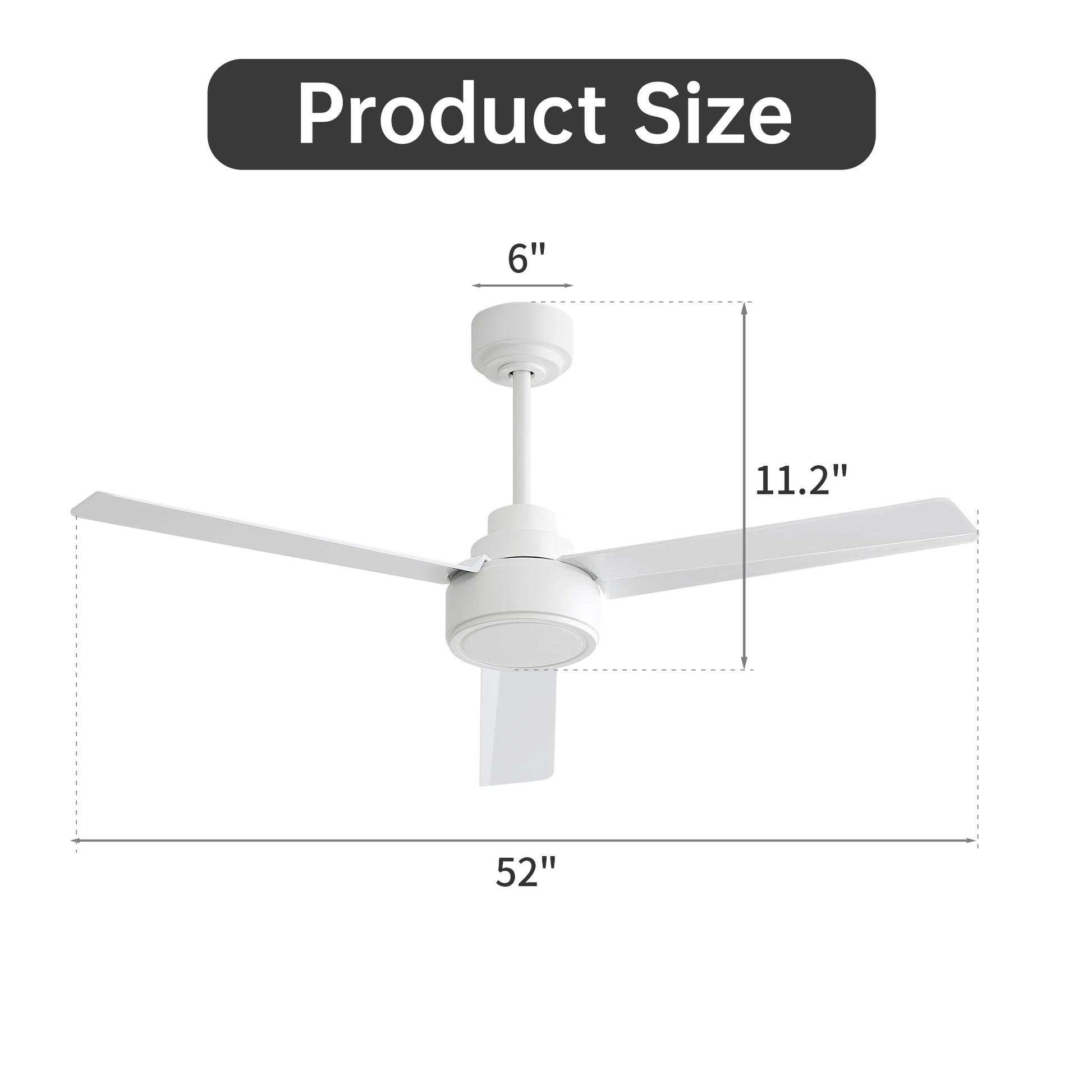 52" White Ceiling Fan with Remote - 6 Speeds, Reversible Blades