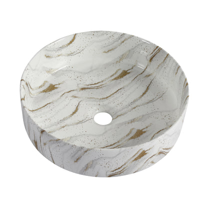 Ceramic Round Above Counter Bathroom Sink Art Basin, White Background With Golden Lines (BAA0014012PP)