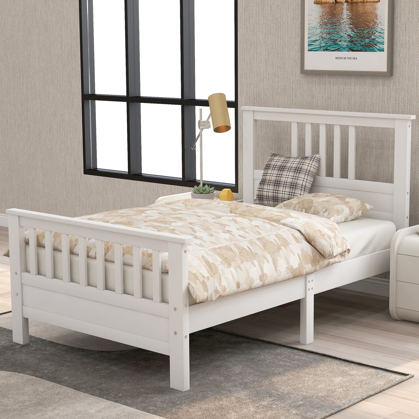 Twin Pine Platform Bed with White Headboard for Bedroom