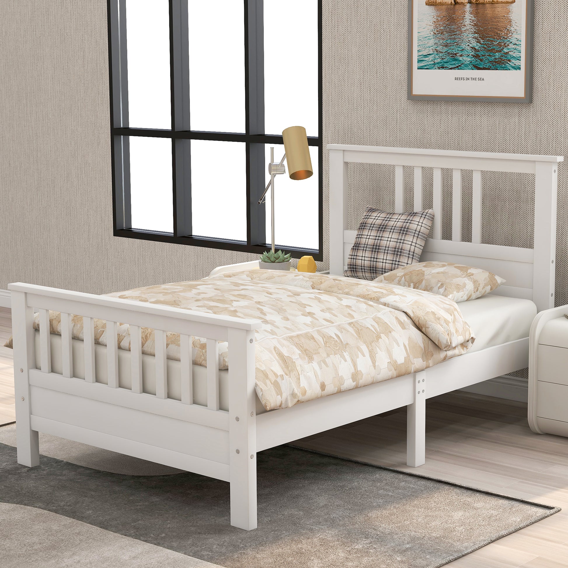 Twin Pine Platform Bed with White Headboard for Bedroom