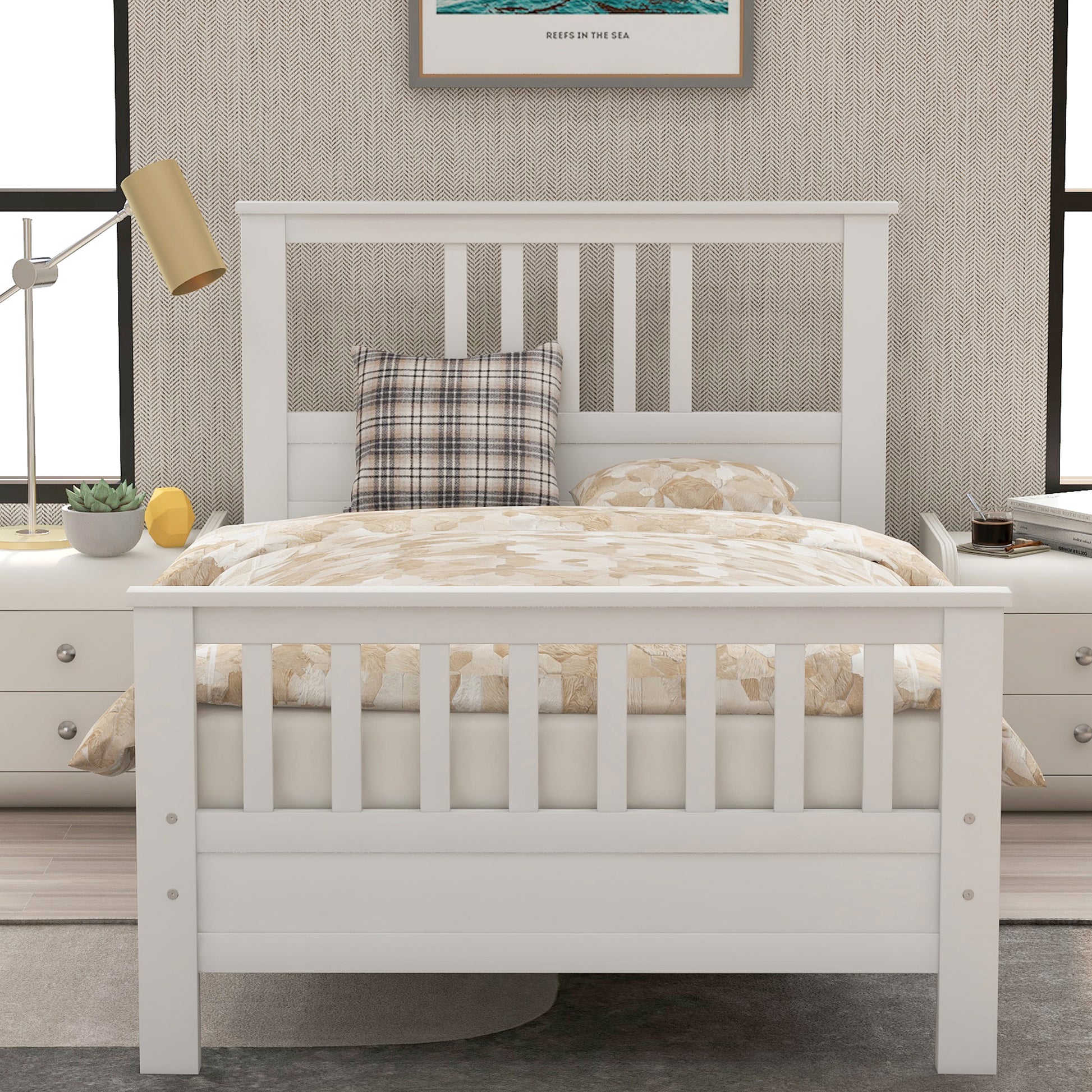 Twin Pine Platform Bed with White Headboard for Bedroom