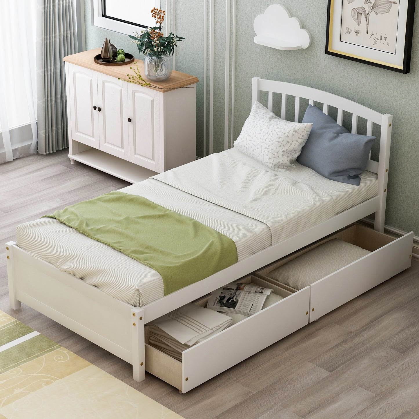 Twin Size Wood Platform Bed with Drawers & Headboard - White