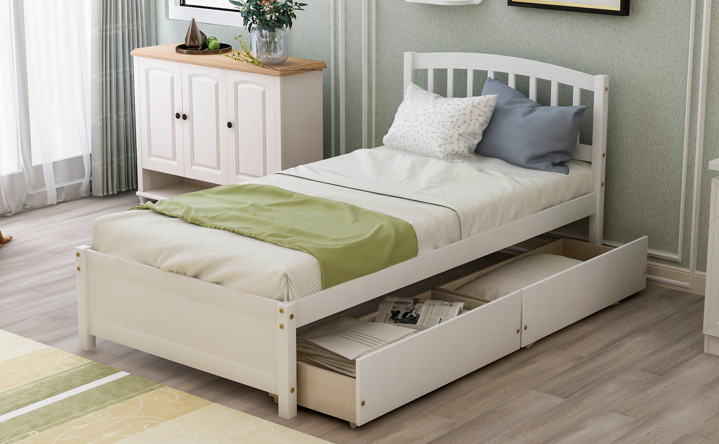 Twin Size Wood Platform Bed with Drawers & Headboard - White