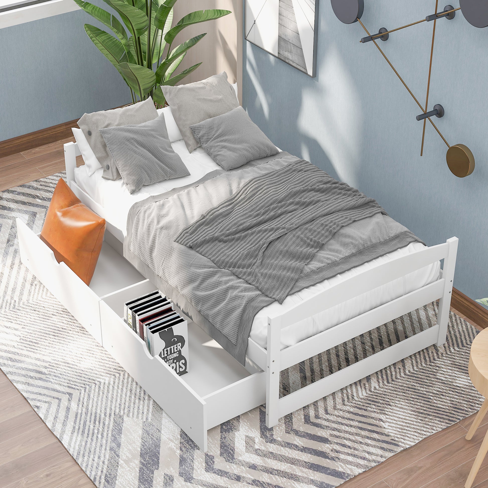 Twin Size Platform Bed with Two Drawers - White Pine