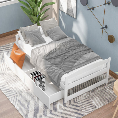 Twin Size Platform Bed with Two Drawers - White Pine