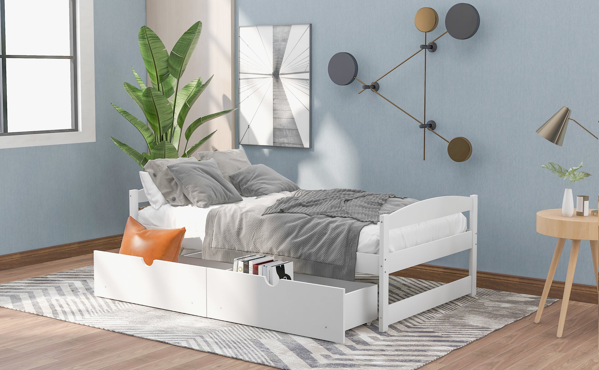 Twin Size Platform Bed with Two Drawers - White Pine