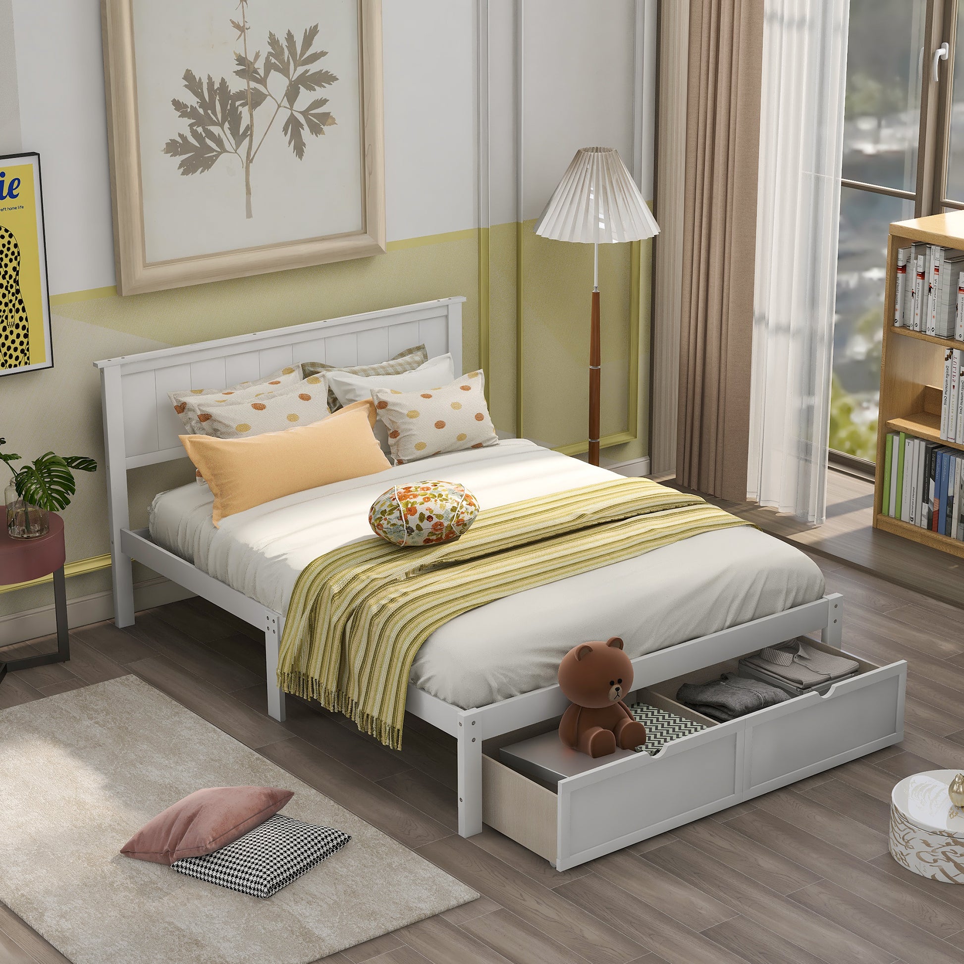 Full Size White Platform Bed with Storage