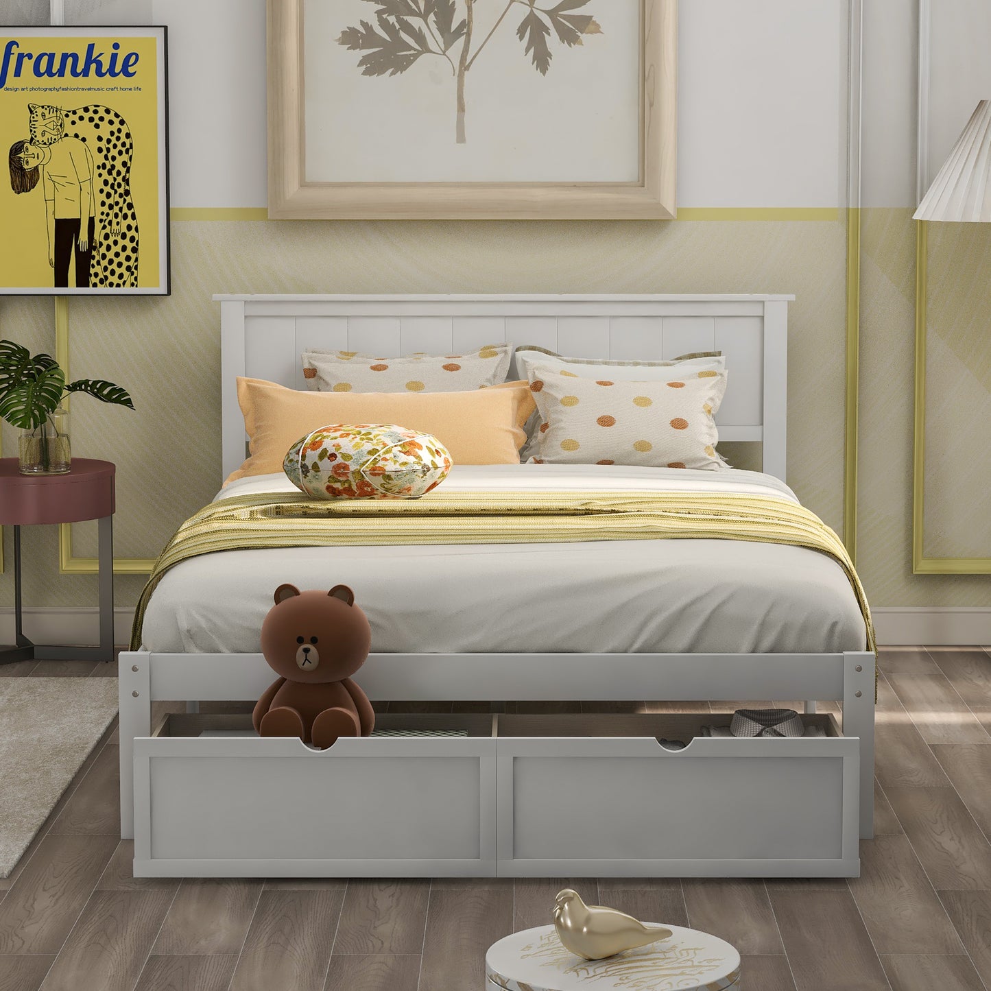 Full Size White Platform Bed with Storage