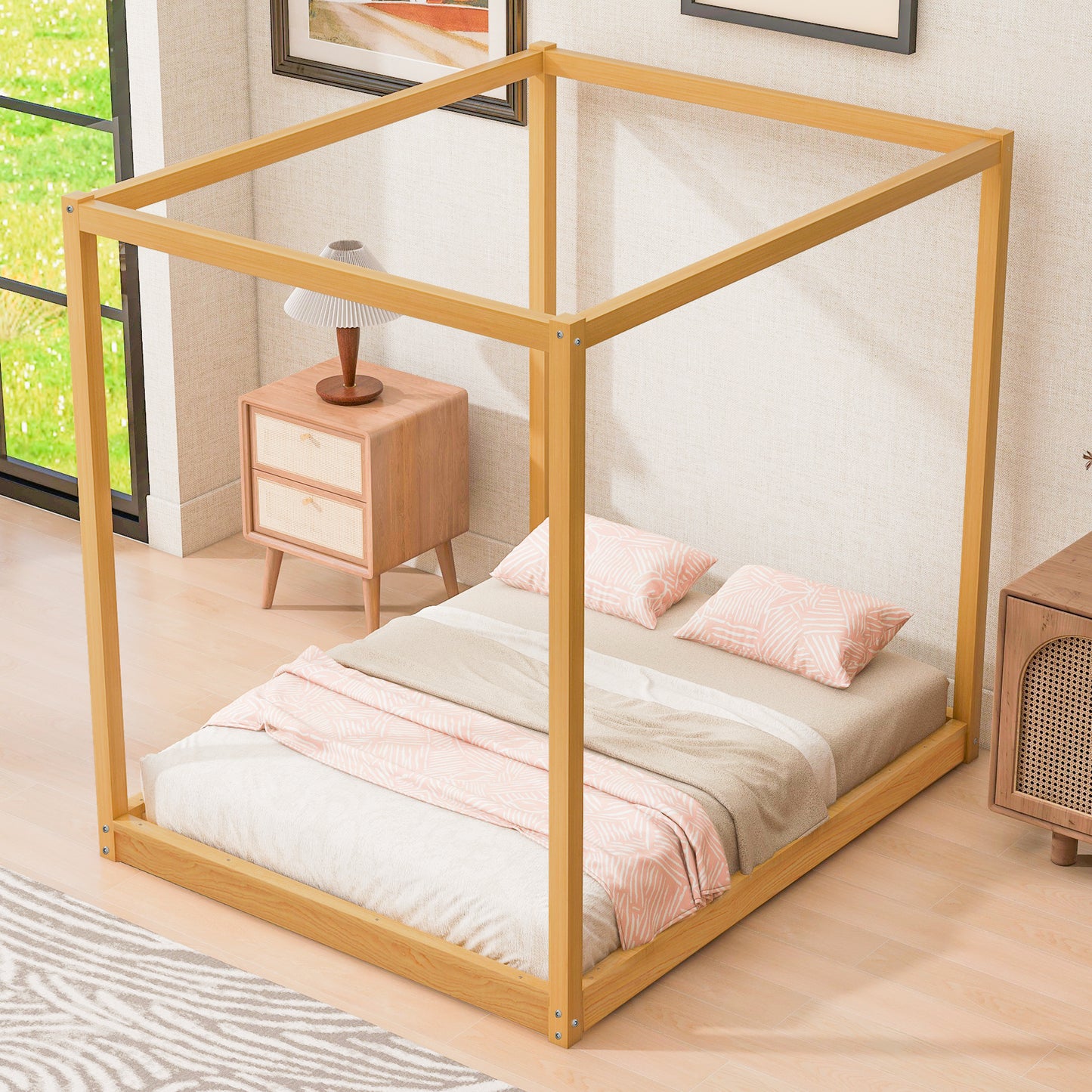 Natural Pine Queen Canopy Bed with Slats for Modern Bedroom