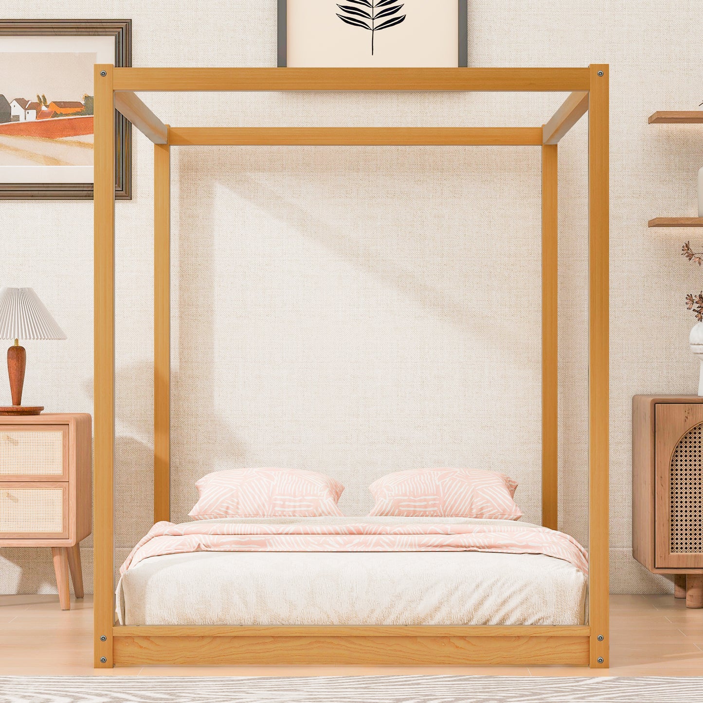 Natural Pine Queen Canopy Bed with Slats for Modern Bedroom