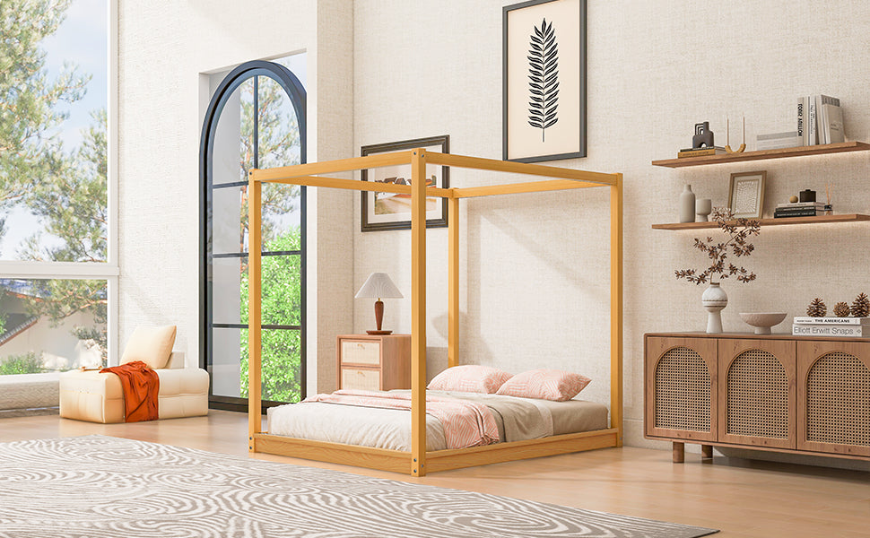 Natural Pine Queen Canopy Bed with Slats for Modern Bedroom