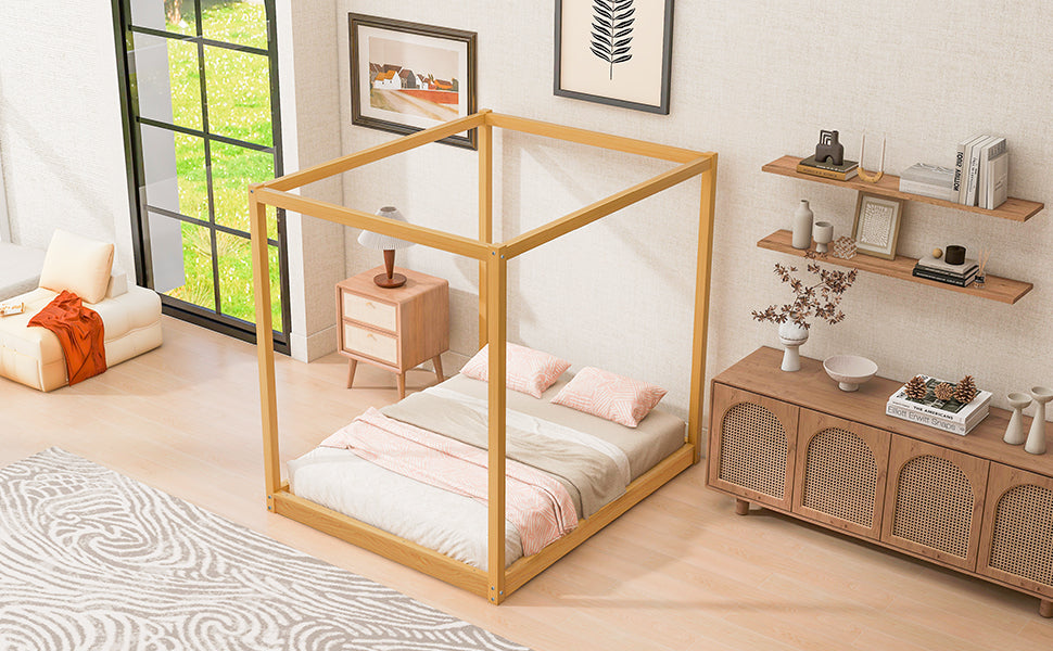 Natural Pine Queen Canopy Bed with Slats for Modern Bedroom