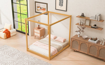 Natural Pine Queen Canopy Bed with Slats for Modern Bedroom