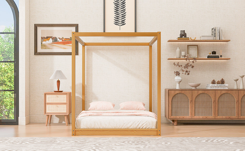 Natural Pine Queen Canopy Bed with Slats for Modern Bedroom