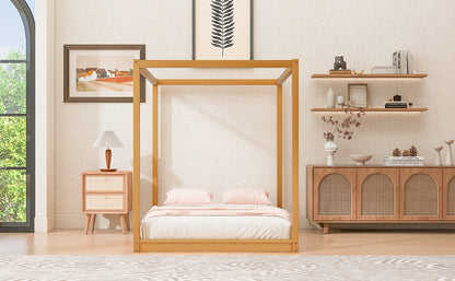 Natural Pine Queen Canopy Bed with Slats for Modern Bedroom
