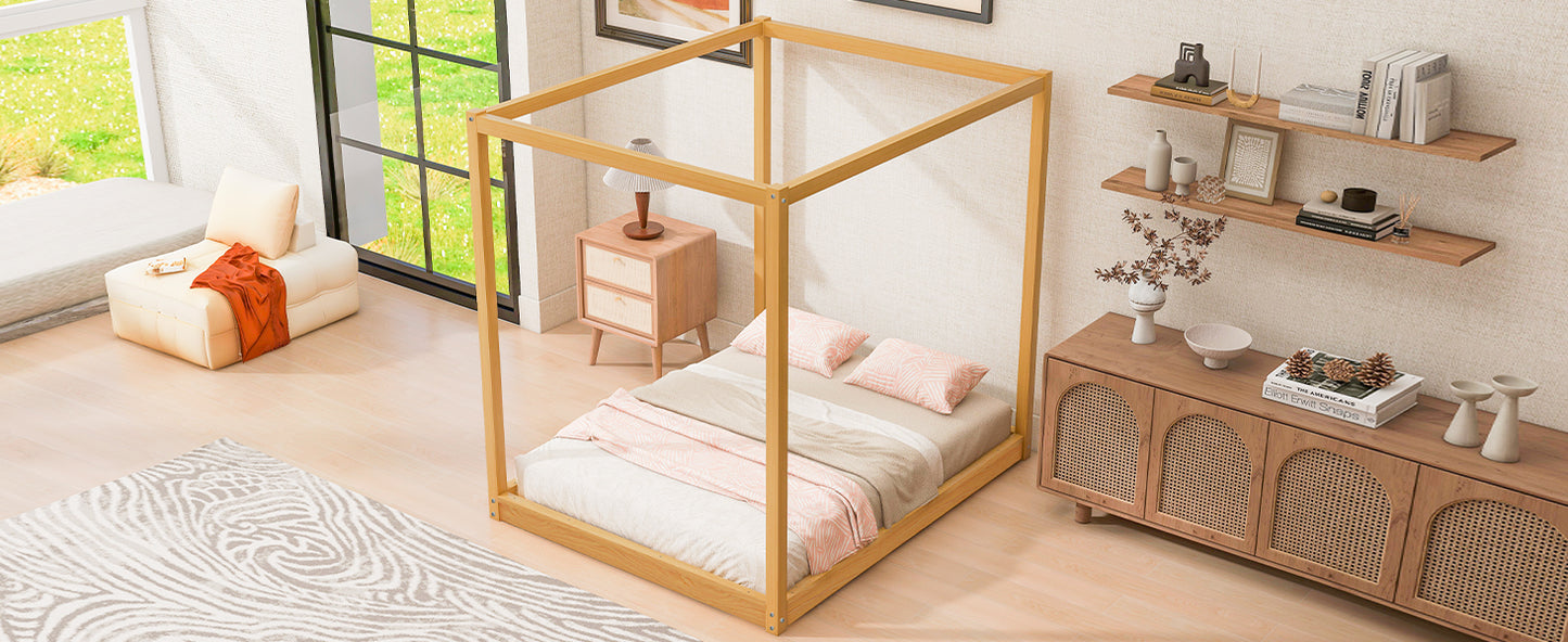 Natural Pine Queen Canopy Bed with Slats for Modern Bedroom