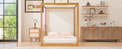 Natural Pine Queen Canopy Bed with Slats for Modern Bedroom