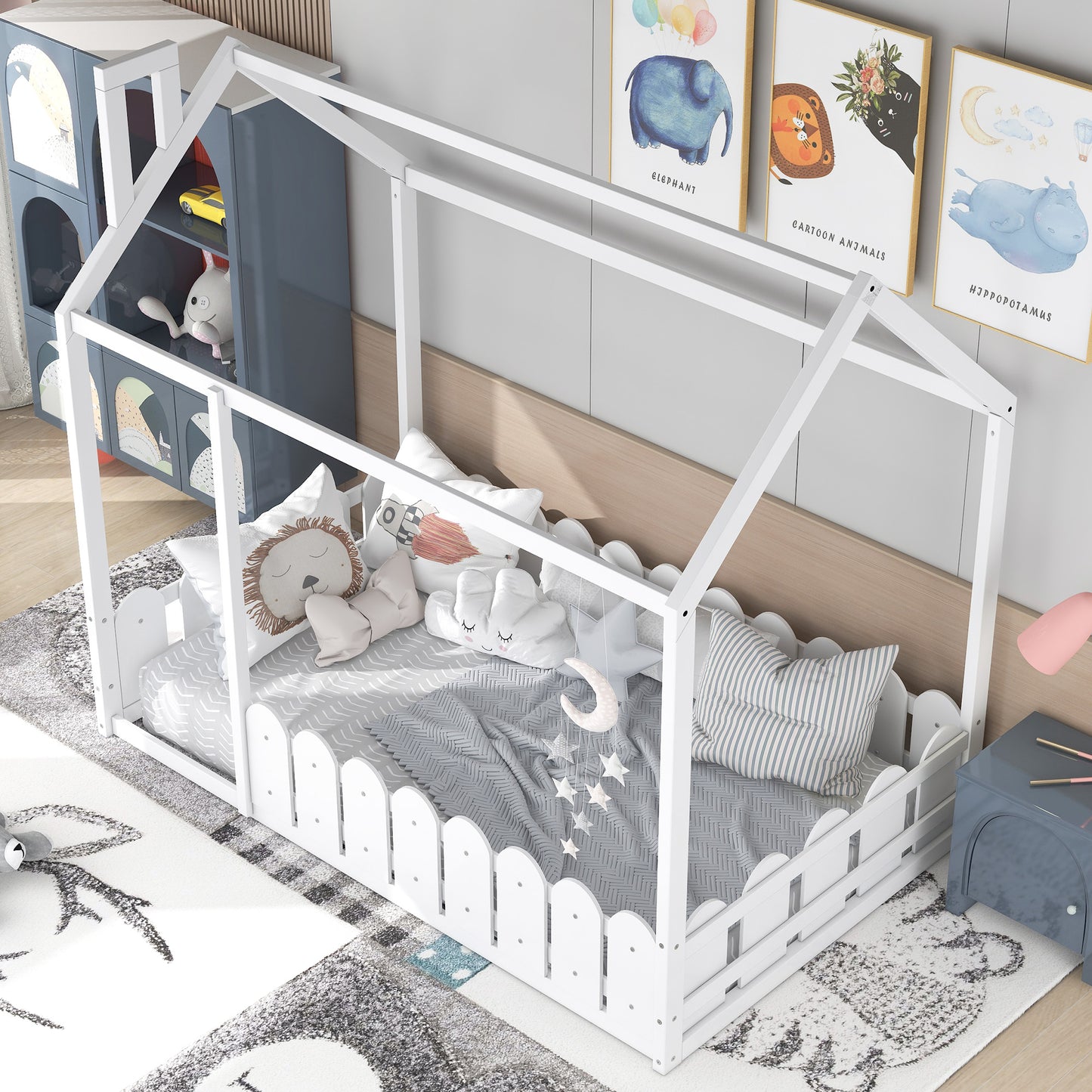 Twin Size Wood Bed House Bed Frame - White