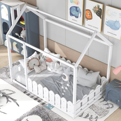 Twin Size Wood Bed House Bed Frame - White