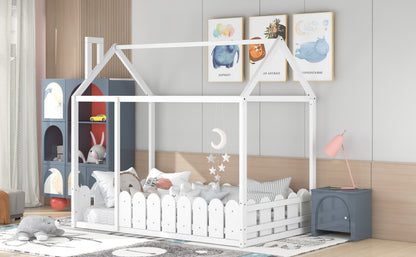 Twin Size Wood Bed House Bed Frame - White