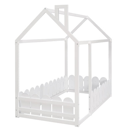 Twin Size Wood Bed House Bed Frame - White