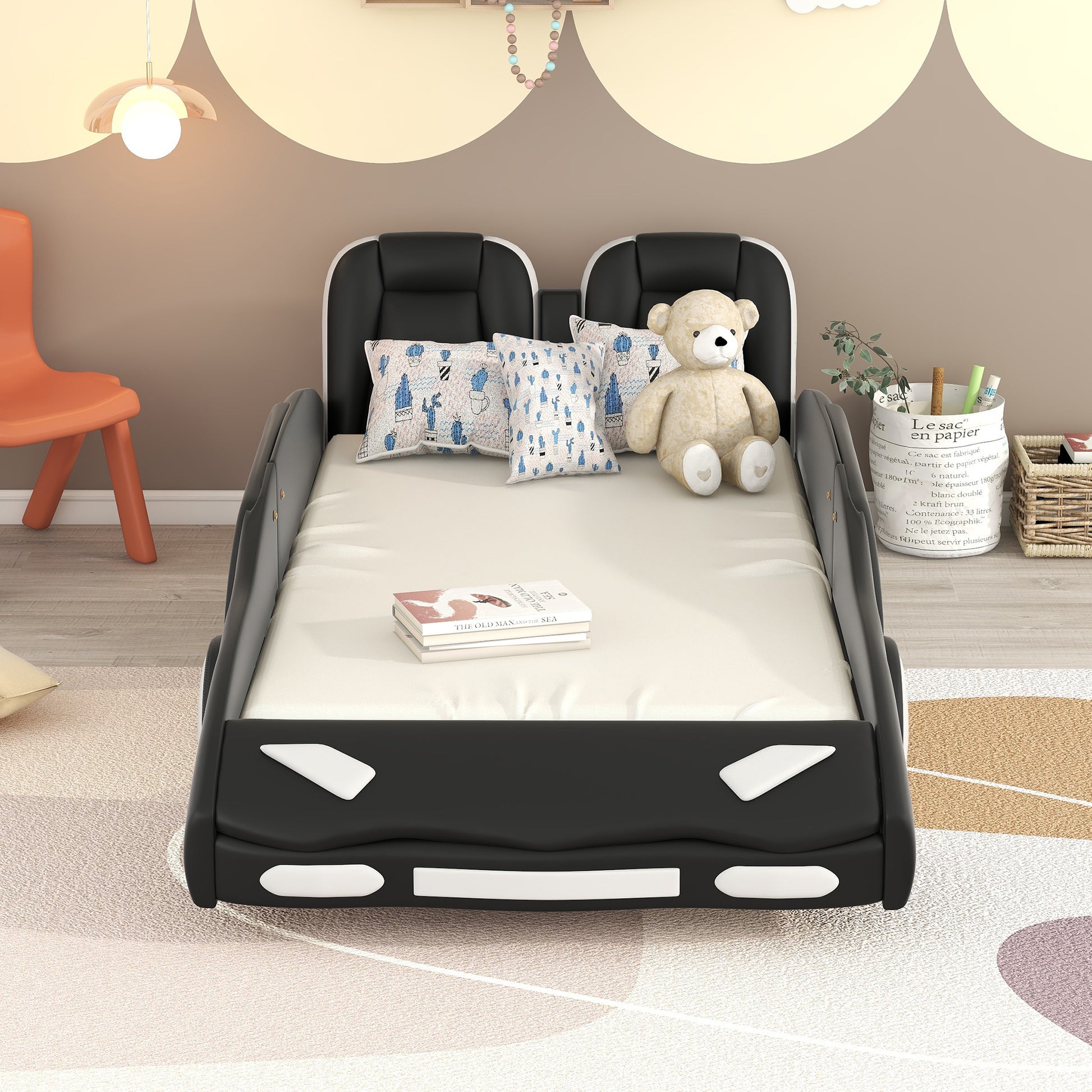 Twin Size Race Car Bed - Black Pine Platform for Bedroom