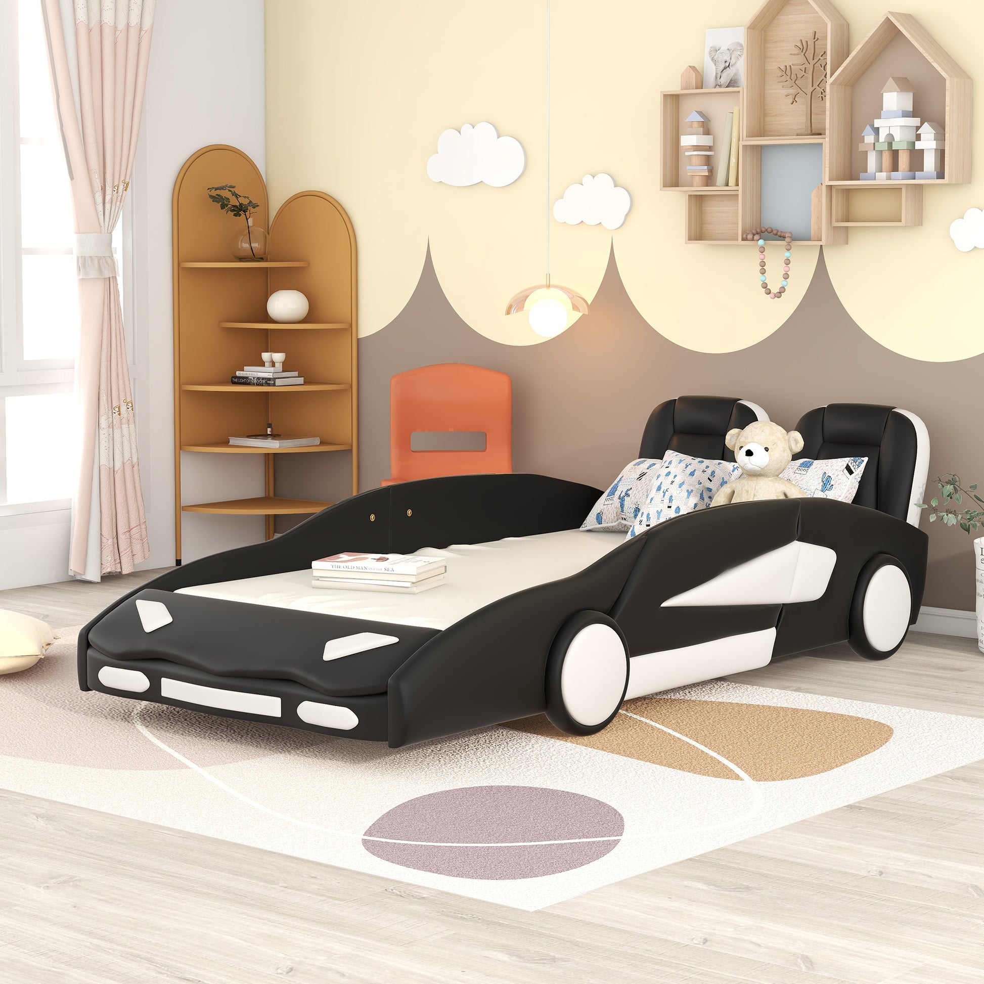 Twin Size Race Car Bed - Black Pine Platform for Bedroom