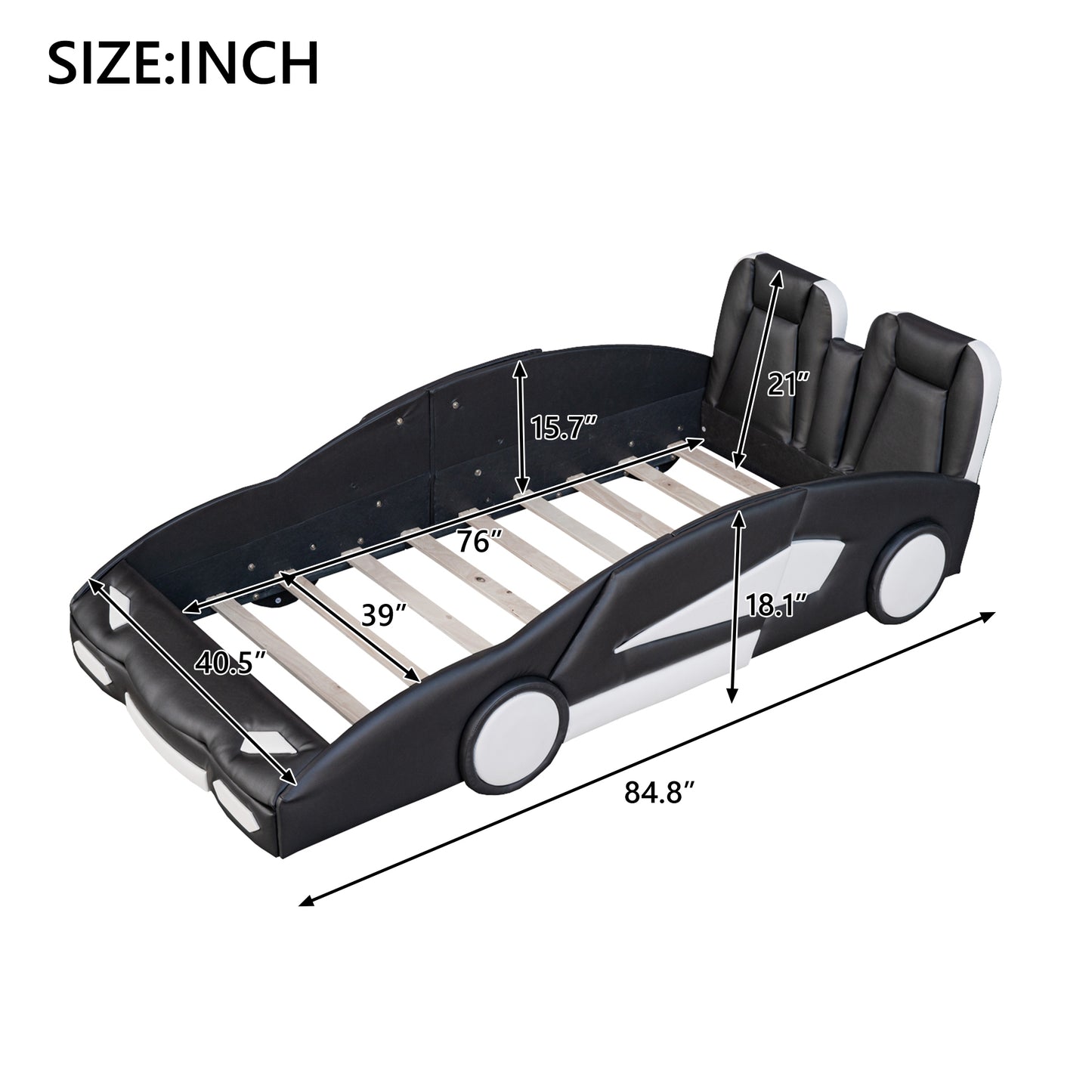 Twin Size Race Car Bed - Black Pine Platform for Bedroom