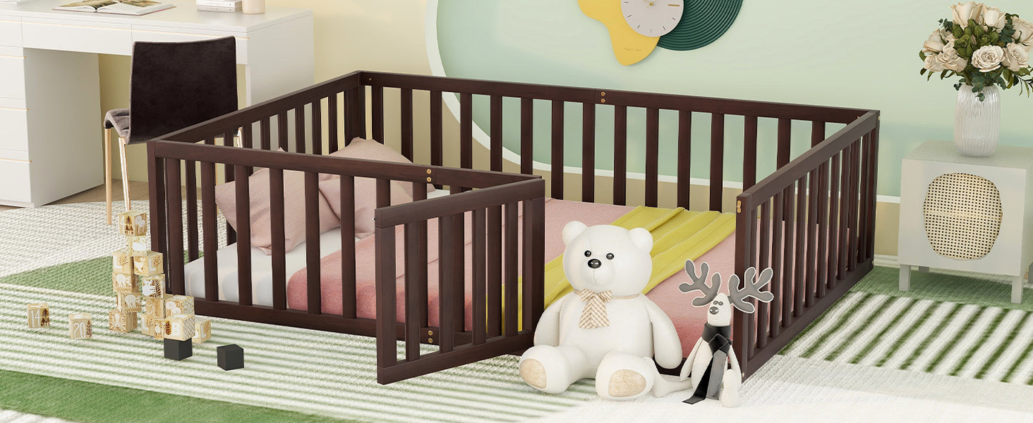 Walnut Solid Wood Full Size Floor Bed Frame for Bedroom