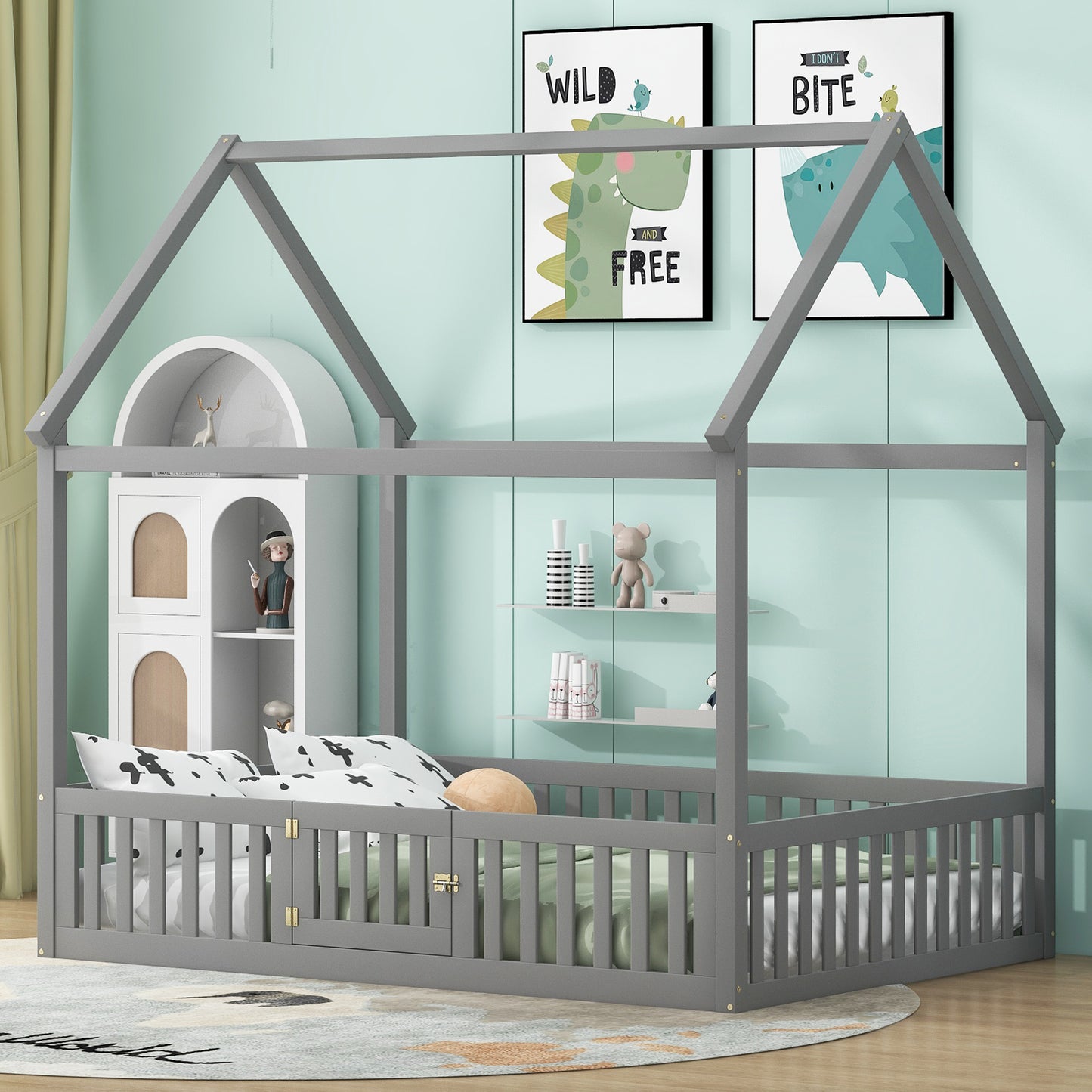 Full Size Gray Wood House Bed Frame