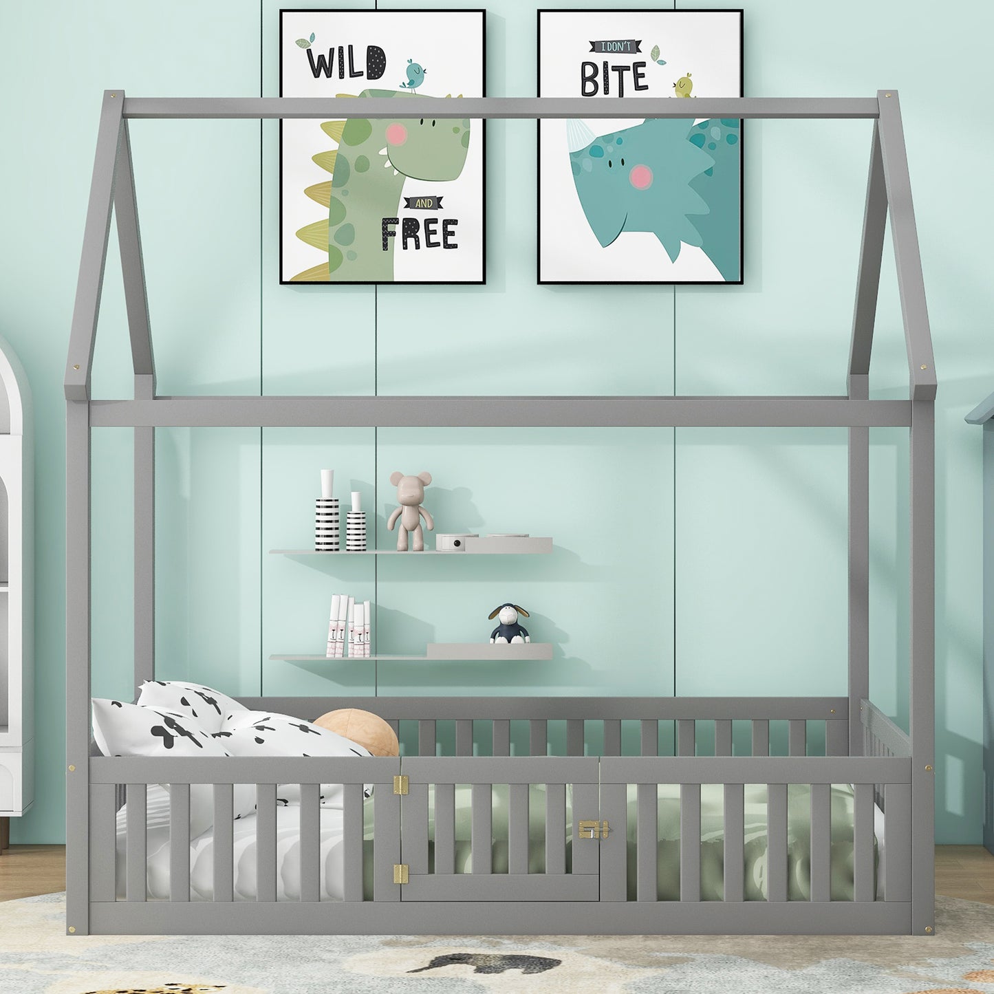 Full Size Gray Wood House Bed Frame