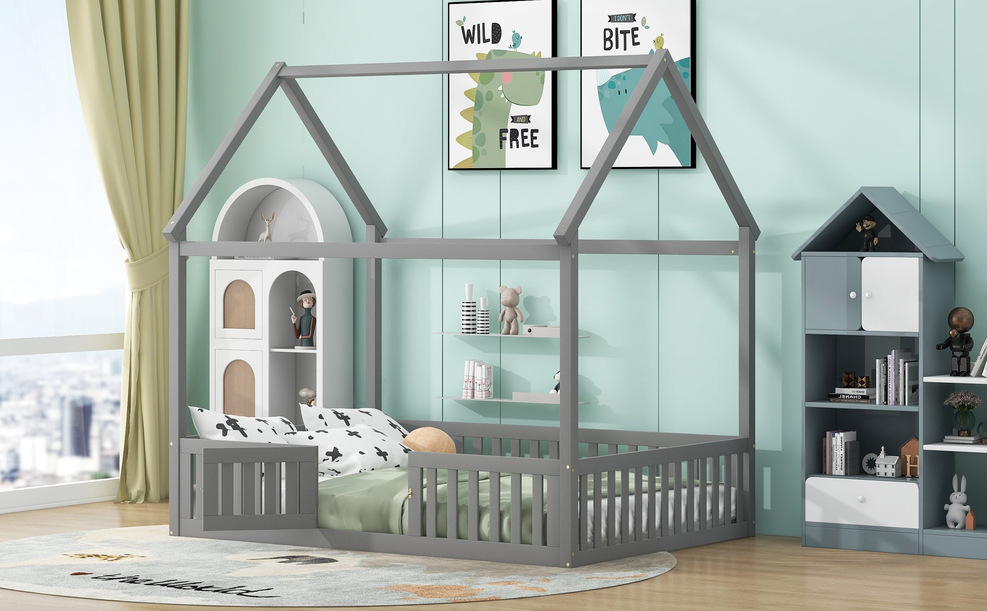 Full Size Gray Wood House Bed Frame