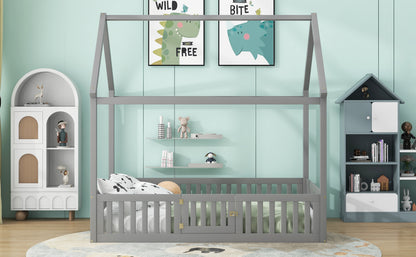 Full Size Gray Wood House Bed Frame