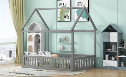 Full Size Gray Wood House Bed Frame